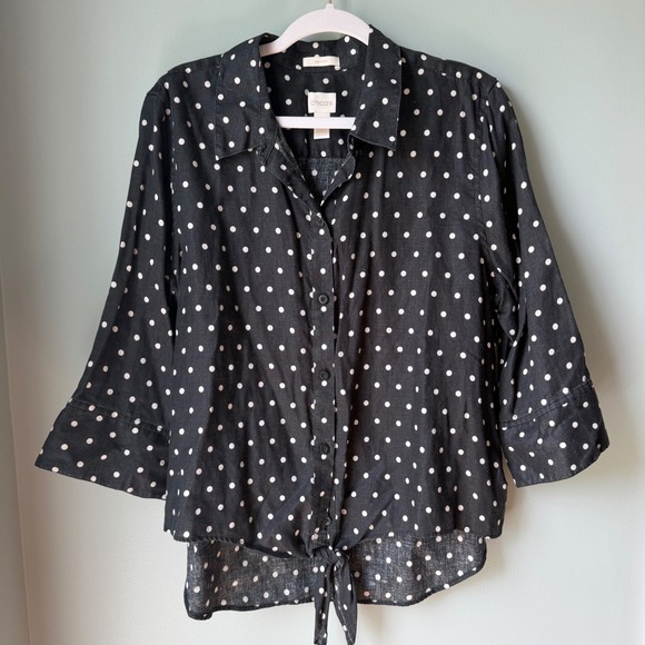 Chico's Tops - Chico's No-Iron 100% Linen Button Up Shirt Black White Polka Dot Tie Front 3 XL